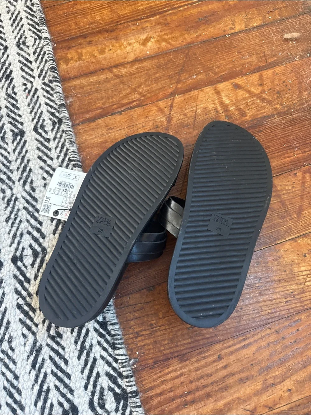 Zara Brand New Black Double Strap Slide Sandals with Gold Buckles - Picture 5 of 5